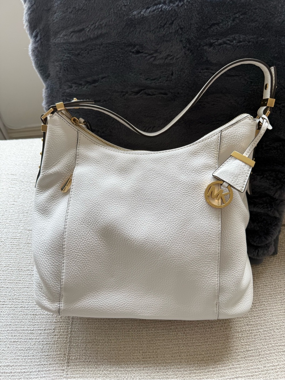 Michael Kors White Pebbled Leather Hobo Shoulder Bag with Gold Accents
